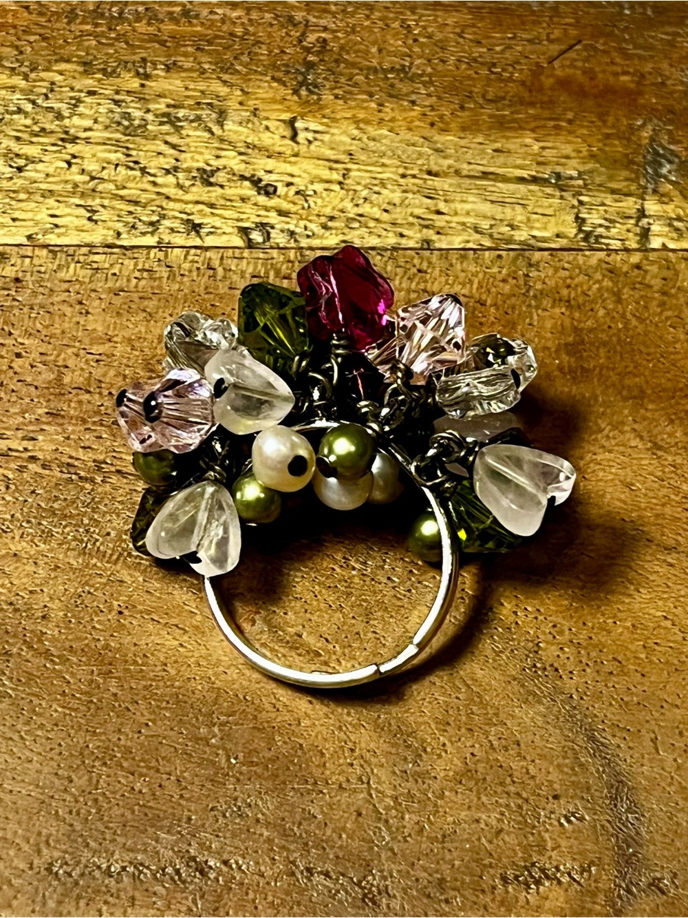 Vintage Cluster Bead Statement Ring in Pink, Green, and Clear adjustable $25 - Picture 8 of 9